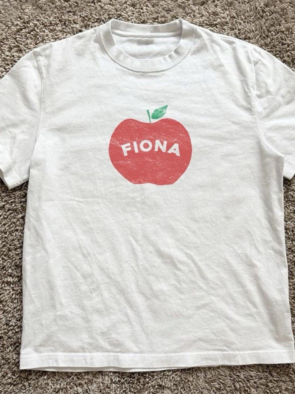 Gildan White Tee with Pink Apple Graphic and Green Leaf